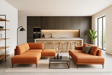 Fototapeta premium Modern open living room and kitchen with minimalist orange sofas, wood cabinetry, and natural light in a contemporary interior setting.