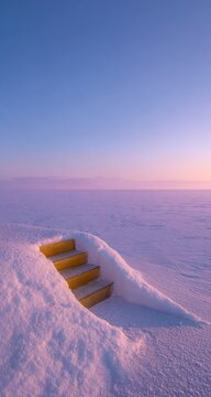 Wooden steps emerge from a snowdrift in a vast, winter landscape, with a soft, pastel sunset sky