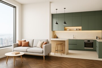 Fototapeta premium Modern open-plan apartment interior with green kitchen cabinets, wooden floor, and large window overlooking cityscape in natural daylight.