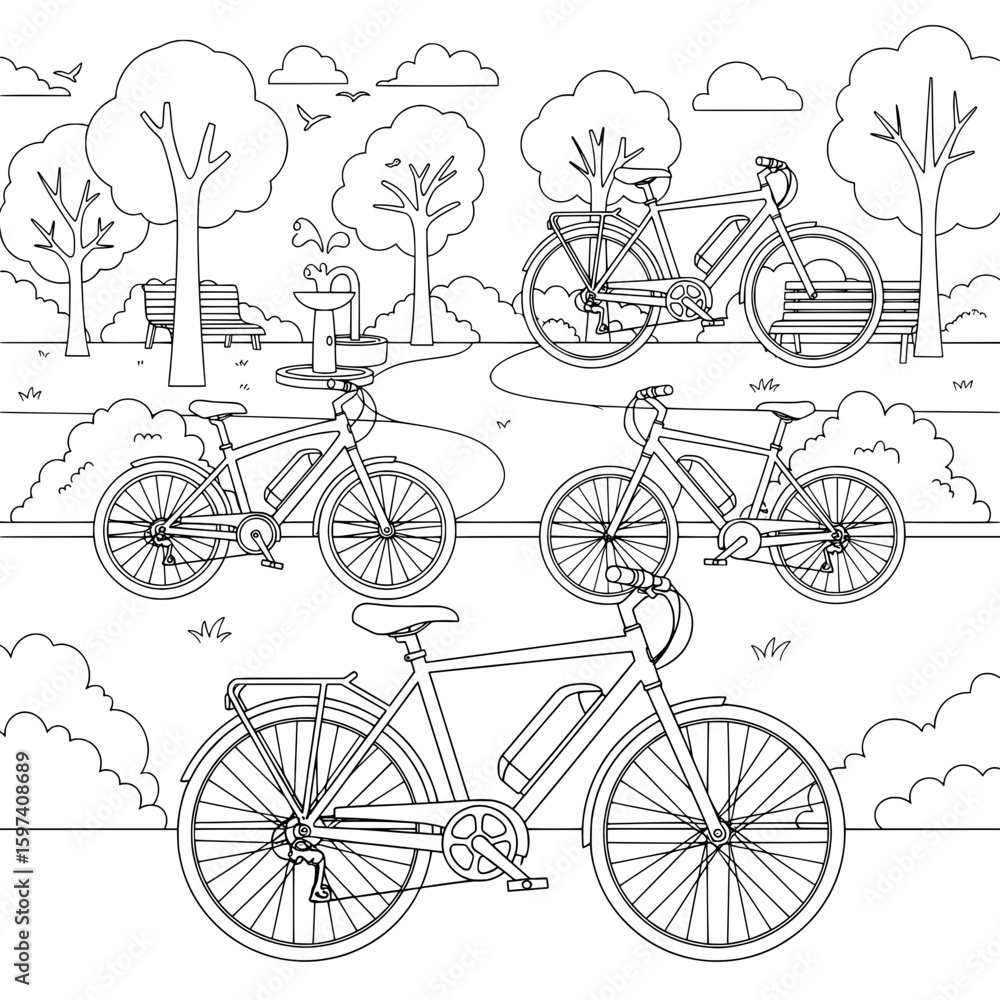 Poster seamless pattern of bicycles and park trees in outline style
