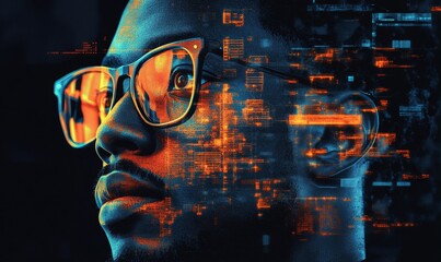 AI cybersecurity threat illustration, Black African American IT specialist, artificial intelligence collage, copy space, Generative AI