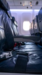 airplane seatbelt near empty seat, cabin background dimly lit