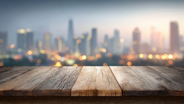 Wooden tabletop over a blurred city skyline at dusk