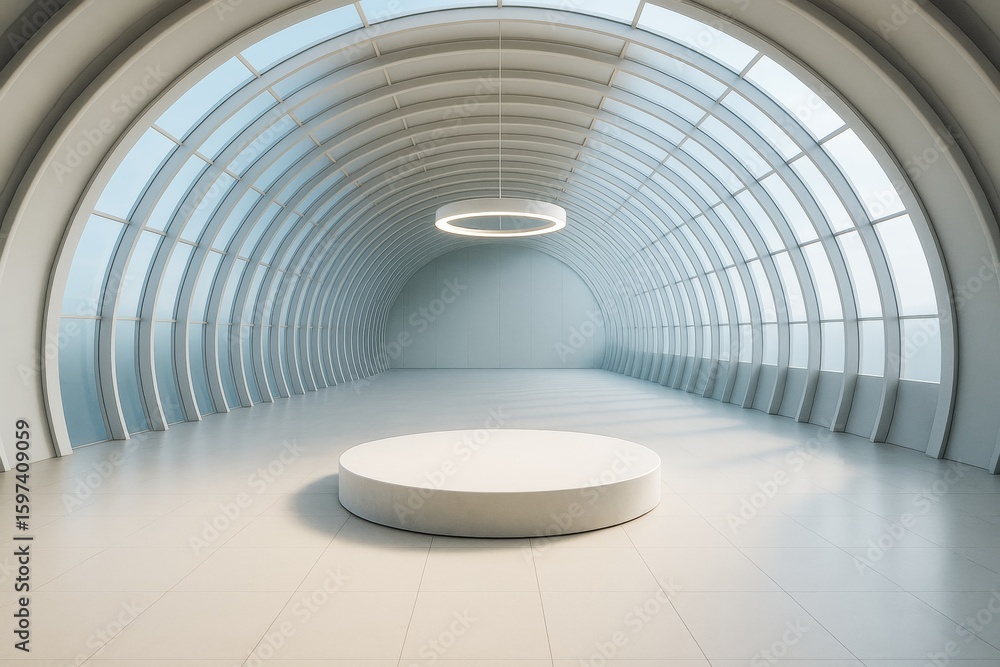 Poster futuristic empty white room with circular podium and arched glass structure illuminated by soft skyl