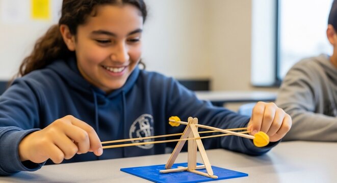 Enthusiastic student launching a homemade catapult during a school science project