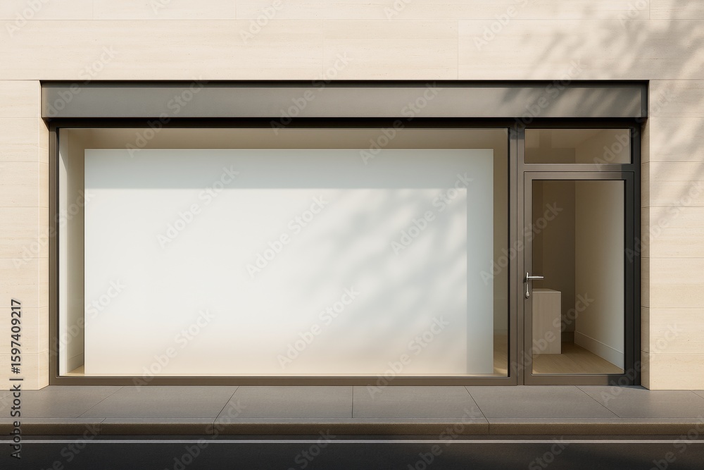 Poster modern storefront with large blank window display and glass door in minimalist architecture style on