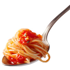 Close-up of a spoonful of spaghetti with rich tomato sauce, showcasing vibrant colors and texture