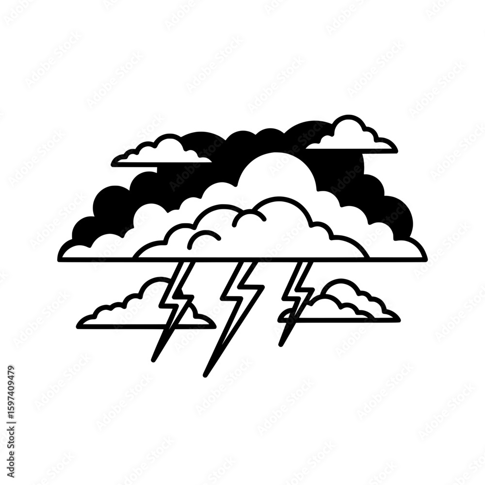 Poster storm clouds with lightning in outline style for weather forecasts