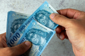 Hungarian 1.000 ft banknotes in a hand