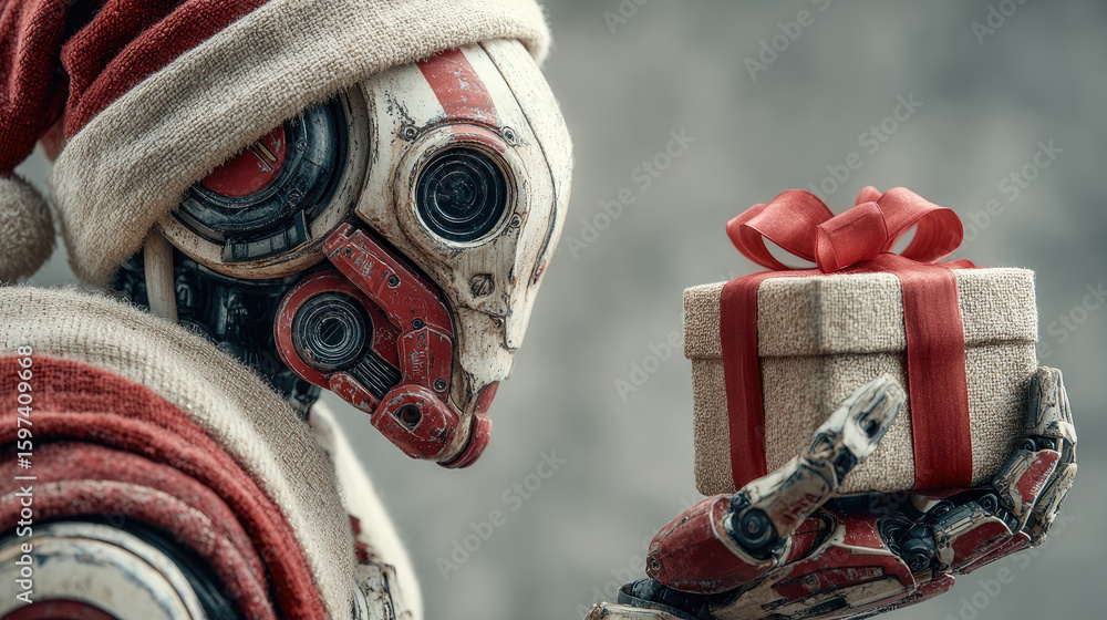 Poster a futuristic android santa claus holds a gift box. the robot features a red and white design with a 