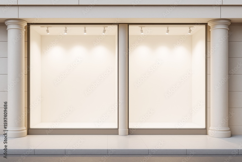 Poster empty modern storefront display windows with classical columns and spotlights on exterior wall backg