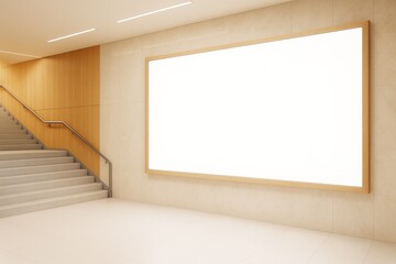 Modern staircase interior with large blank wall frame for branding or mockup in bright contemporary building hallway with tiled walls and floor.
