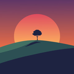 grassy hill with a single tree under a vivid sunse.svg