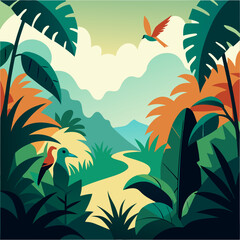 hand drawn jungle scene with exotic plants 