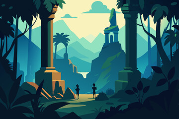 hand drawn jungle ruins with vines and ancient 