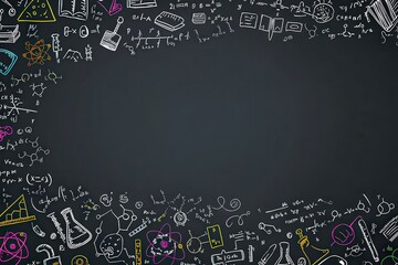 A blackboard with a decorative pattern of school supplies