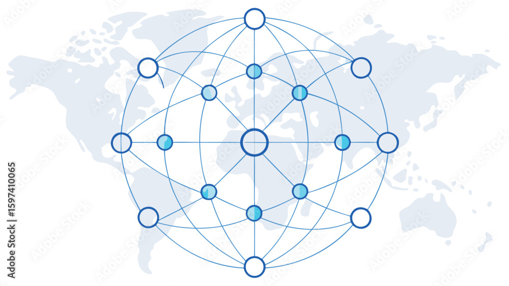 Poster network of interconnected nodes and lines forming a sphere over a world map background design concep
