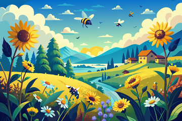 hand drawn meadow with bees  sunflowers  