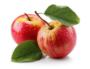 Two red apples with green leaves on a clean white background