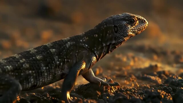 Lizard Moving Across Rocky Surface in Warm Sunset Light with Closeup Camera Work