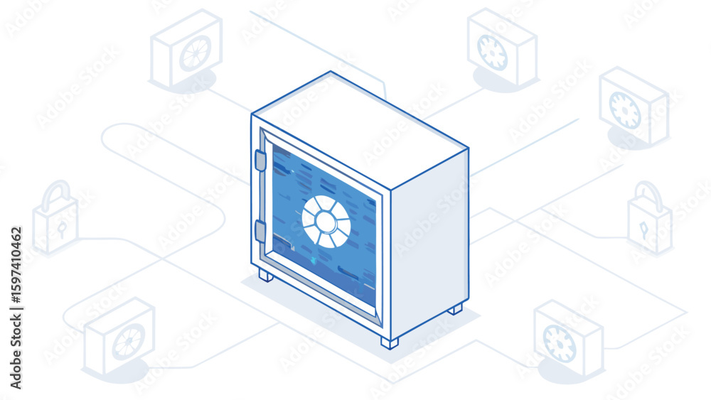 Poster isometric view of a safe with a combination lock surrounded by connected security elements in light 