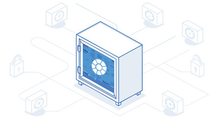 Isometric view of a safe with a combination lock surrounded by connected security elements in light blue