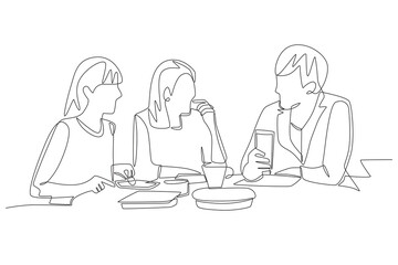 Friends who gather while eating. Group dining concept one-line drawing