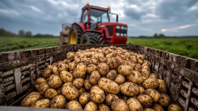 Fresh potato harvest on farm with red tractor in field, soil covered crates showcasing agriculture and rural life under cloudy sky, capturing essence of fresh produce and hardworking farm work