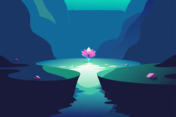 hidden glen with a glowing pond and soft flower 