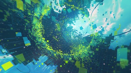 Fototapeta premium Green pixels with dots represent background data points in the color pattern.