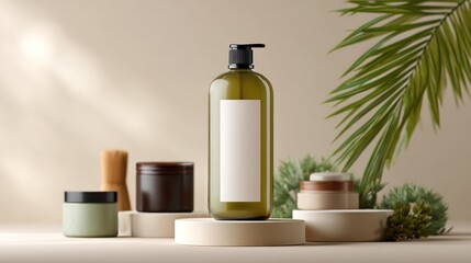 Blank cosmetic bottle displayed on a pedestal with other beauty products.