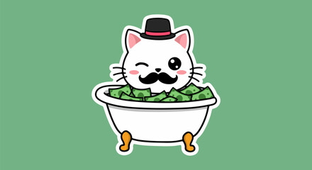 Flat vector illustration of a winking white cat with a mustache and top hat, sitting in a clawfoot bathtub full of green money, outlined in black and white as a sticker on a light green background.