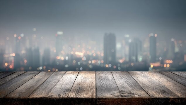 Wooden tabletop with a blurred city skyline in the background (1)