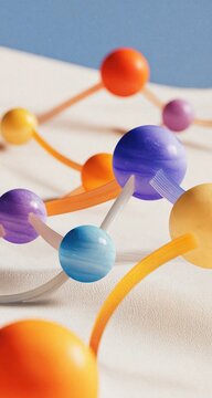 Abstract colorful spheres connected by curved lines on a light beige surface