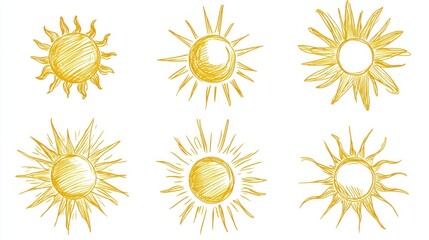 Doodle different sun icons set. Scribble yellow sun with rays symbols. Hand drawn burst. Hot weather sign