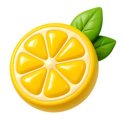3D lemon slice icon with glossy yellow segments and green leaves, citrus fruit design, isolated on transparent background