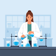 Woman in Lab Coat Pouring Blue Liquid in Laboratory Illustration