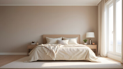 A serene bedroom with a plush bed and soft, neutral color palette