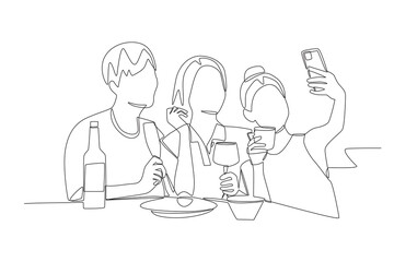 Friends who reunion capture photos at eating events. Group dining concept one-line drawing