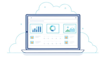 Laptop displaying dashboard with charts graphs and data surrounded by cloud illustrations design