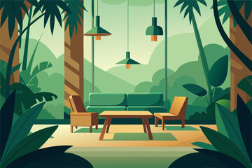 jungle themed living room with hanging vines 