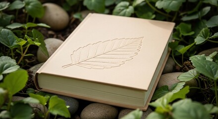 Nature's Wisdom: A Book Embossed with a Leaf Motif Surrounded by Lush Greenery