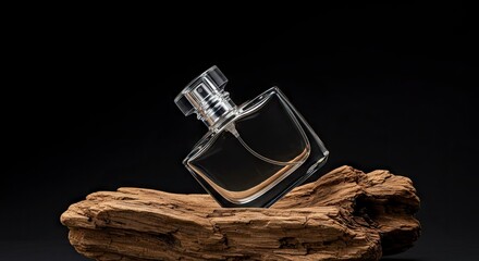 Perfume bottle poised on aged timber