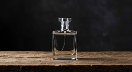 Glass perfume bottle atop weathered wood