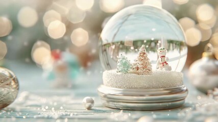 A charming winter wonderland snow globe features a cheerful snowman surrounded by tiny trees. This enchanting decoration evokes holiday spirit and joy. - Powered by Adobe