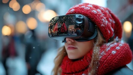 Virtual reality headset winter snow outdoor scene with woman wearing red hat and red scarf, cold weather technology, snowflakes, festive holiday lights, and blurred background ambiance - Powered by Adobe