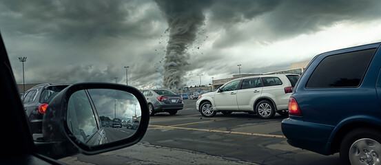 Tornado over city traffic. Cars are stuck in the jam. Grey whirlwind over parking lot. Illustration for insurance companies