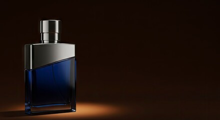 Elegant blue cologne bottle spotlighted on brown