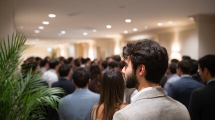 Fototapeta premium Diverse group of people in formal attire attending an indoor event with soft lighting