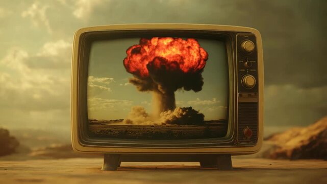 Old Television Showing Fiery Atomic Bomb Explosion